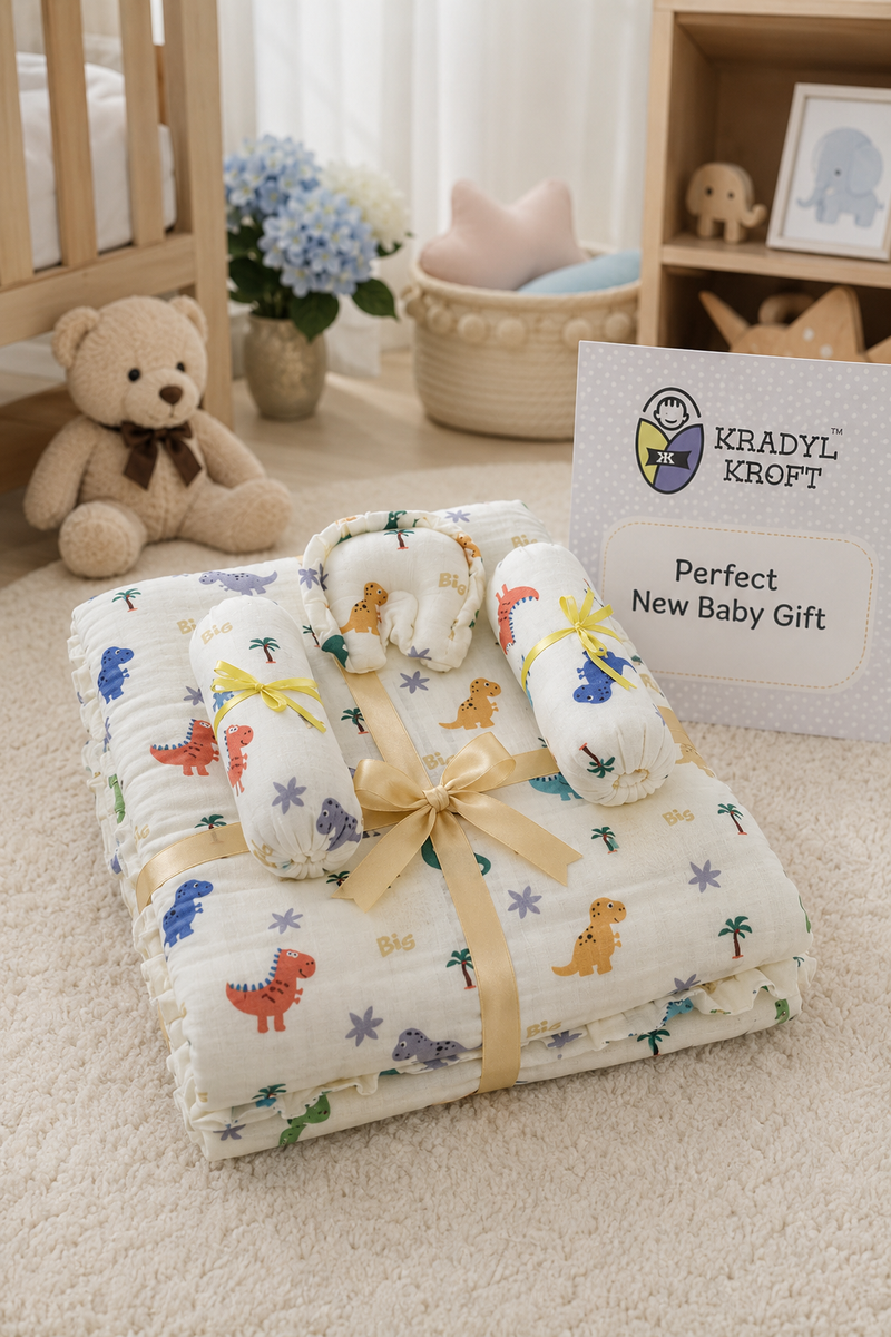 4 Pcs Muslin Bedding Set for 0 to 6 Months - Dino Station