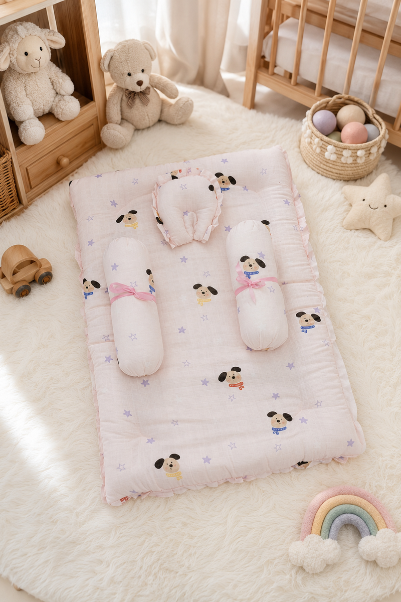 4 Pcs Muslin Bedding Set for 0 to 6 Months - Cute Puppy