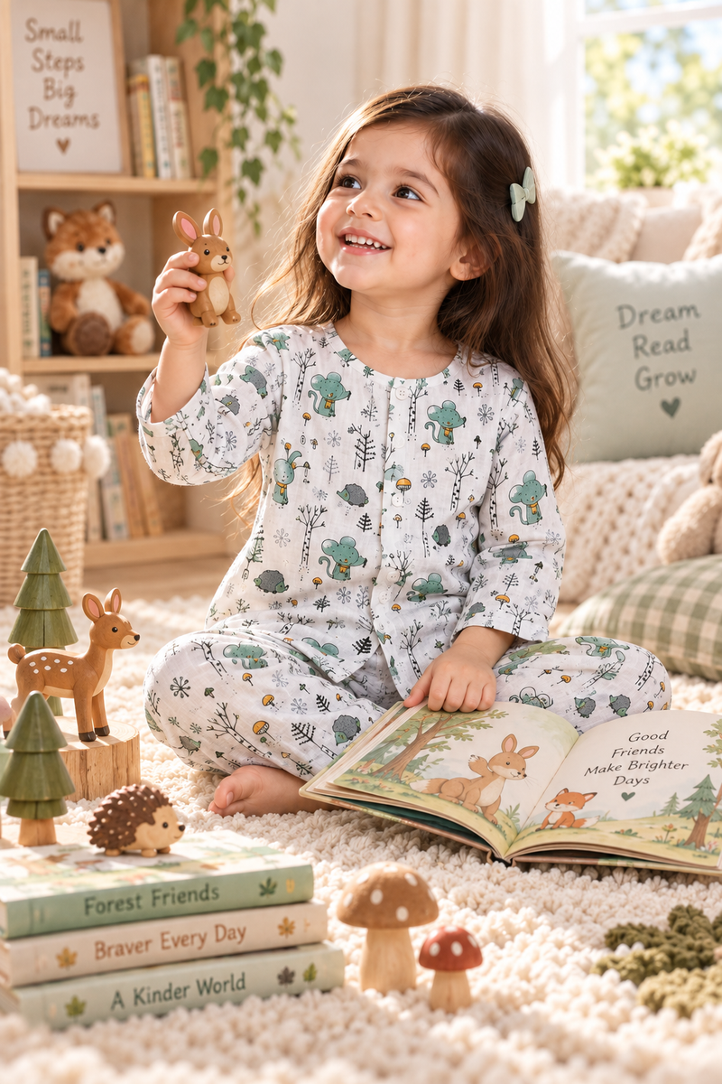 Bunny Green |Full Sleeves| 120 GSM Trapeze Weave Muslin Fabric |  Soft Unisex Muslin Set for New Born to 6 Years