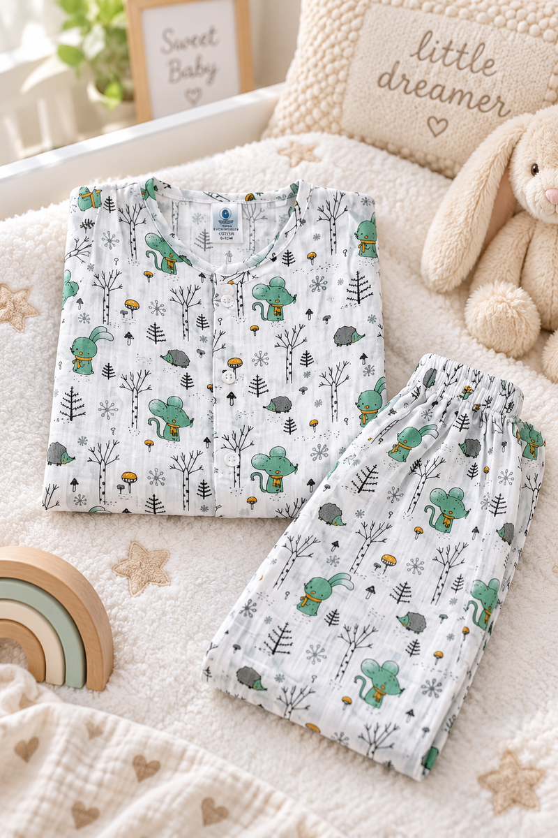 Bunny Green |Full Sleeves| 120 GSM Trapeze Weave Muslin Fabric |  Soft Unisex Muslin Set for New Born to 6 Years