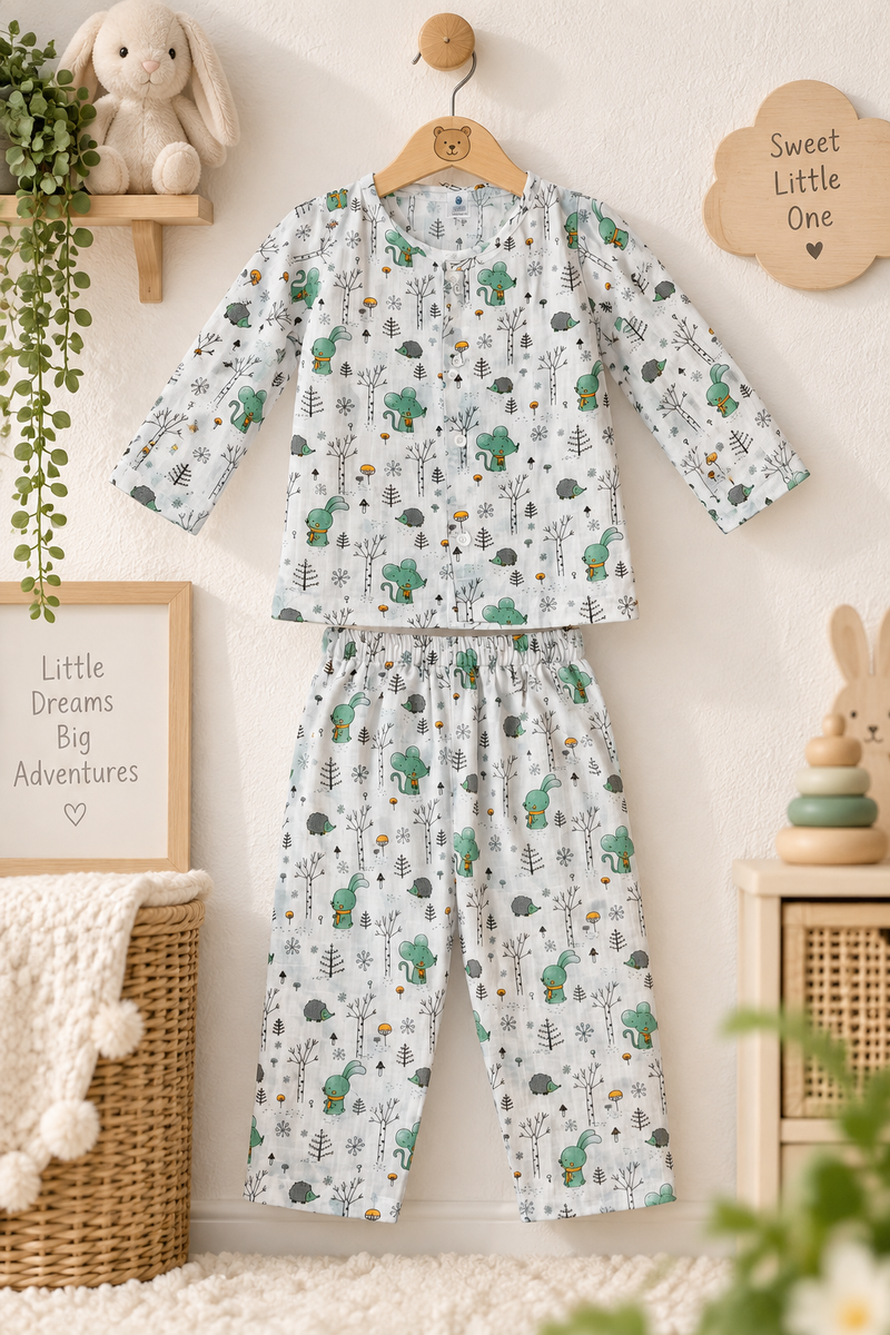 Bunny Green |Full Sleeves| 120 GSM Trapeze Weave Muslin Fabric |  Soft Unisex Muslin Set for New Born to 6 Years