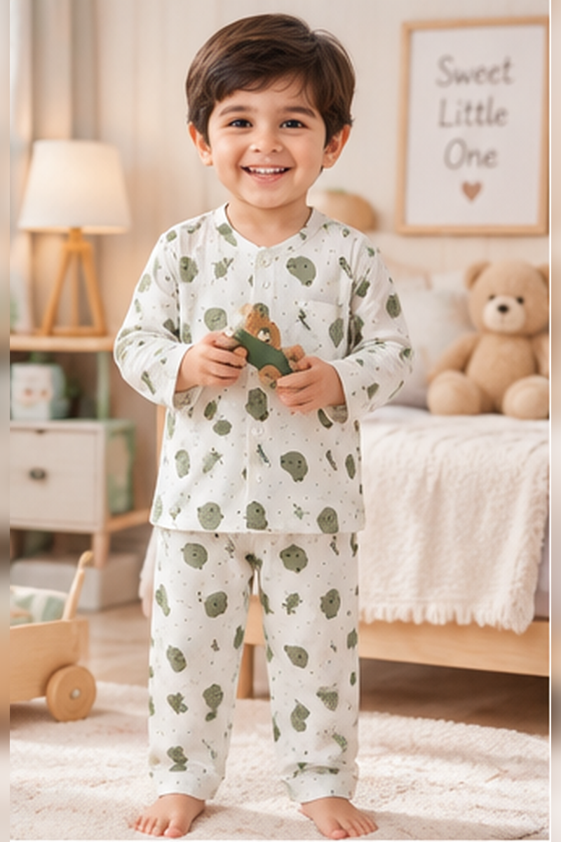 Olive Teddy |Full Sleeves| 120 GSM Trapeze Weave Muslin Fabric |  Soft Unisex Muslin Set for New Born to 6 Years