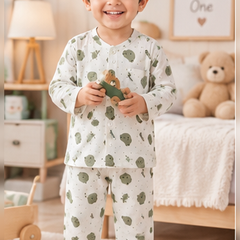 Olive Teddy |Full Sleeves| 120 GSM Trapeze Weave Muslin Fabric |  Soft Unisex Muslin Set for New Born to 6 Years