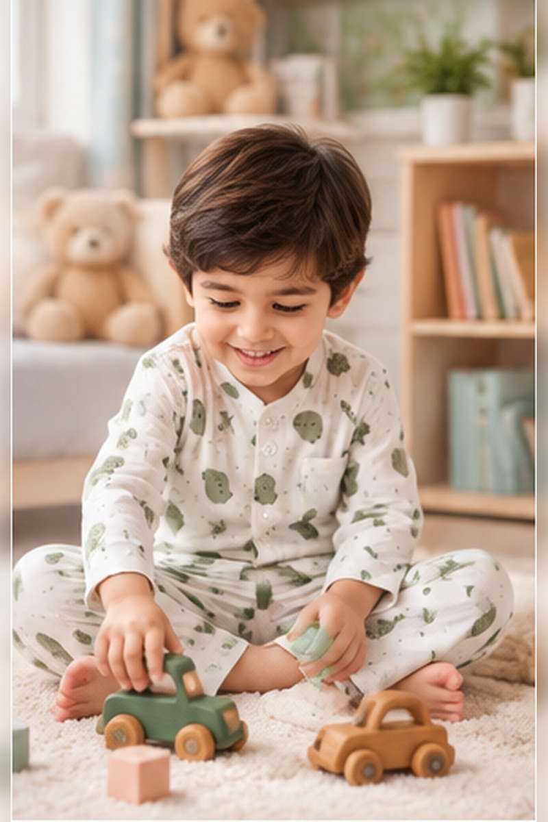 Olive Teddy |Full Sleeves| 120 GSM Trapeze Weave Muslin Fabric |  Soft Unisex Muslin Set for New Born to 6 Years