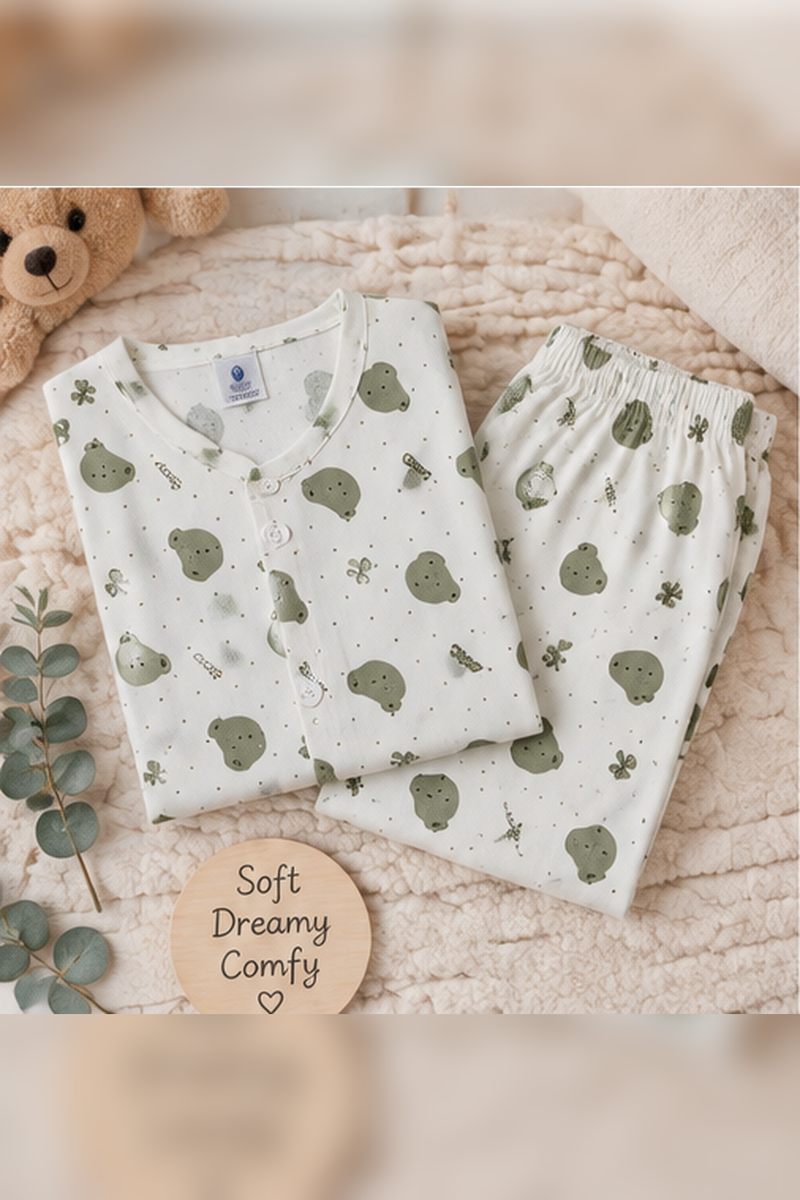 Olive Teddy |Full Sleeves| 120 GSM Trapeze Weave Muslin Fabric |  Soft Unisex Muslin Set for New Born to 6 Years