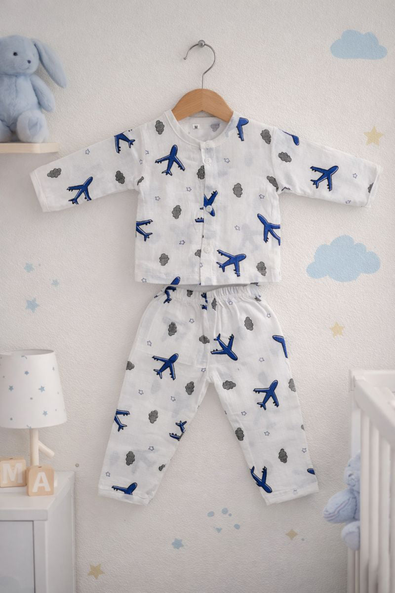 Kradyl Kroft Single Layered Checkered Soft Full Sleeve Muslin Night Suit Set for New Born to 24 Months - Aeroplane