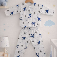 Kradyl Kroft Single Layered Checkered Soft Full Sleeve Muslin Night Suit Set for New Born to 24 Months - Aeroplane