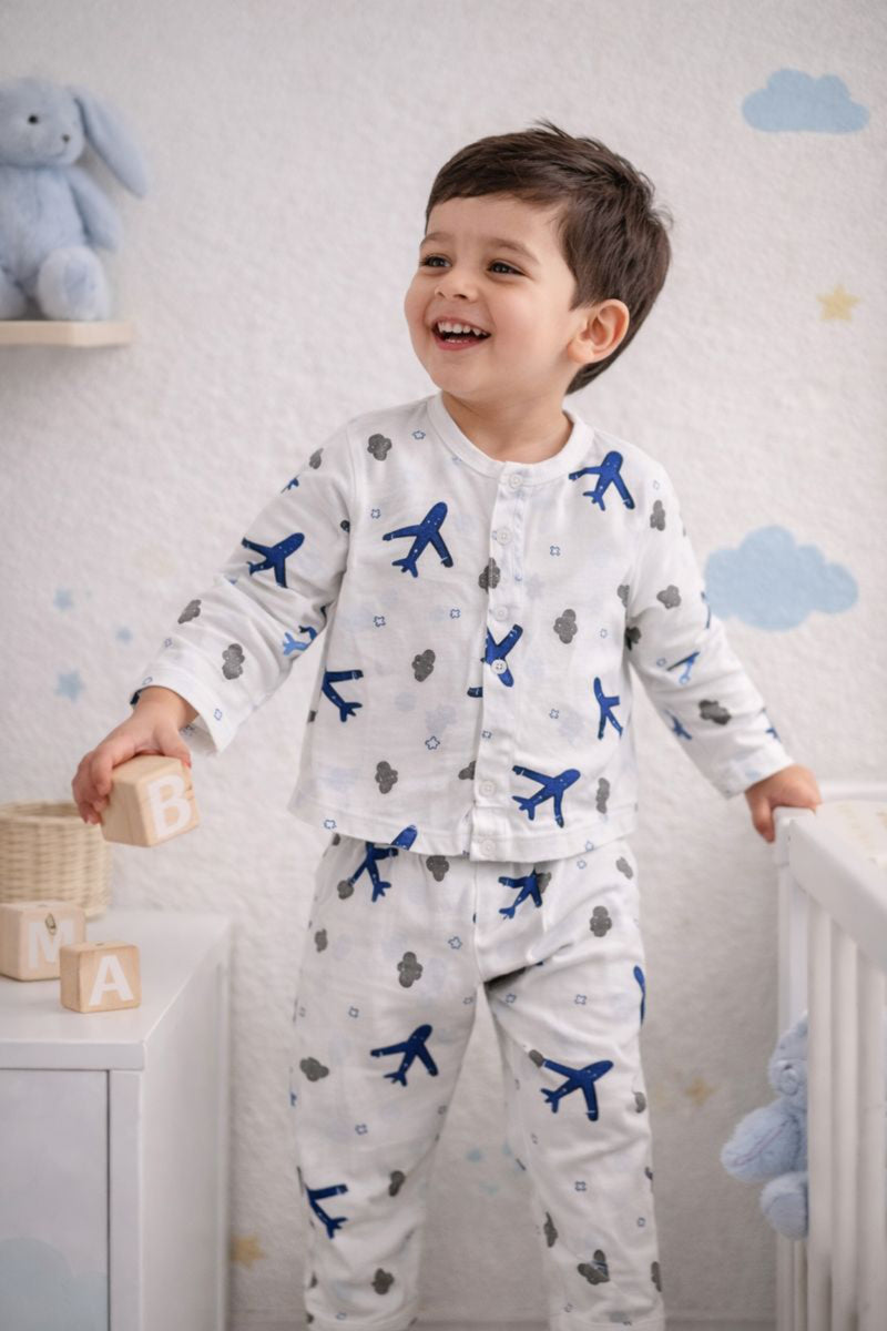 Kradyl Kroft Single Layered Checkered Soft Full Sleeve Muslin Night Suit Set for New Born to 24 Months - Aeroplane