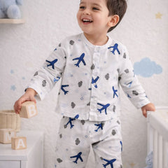 Kradyl Kroft Single Layered Checkered Soft Full Sleeve Muslin Night Suit Set for New Born to 24 Months - Aeroplane