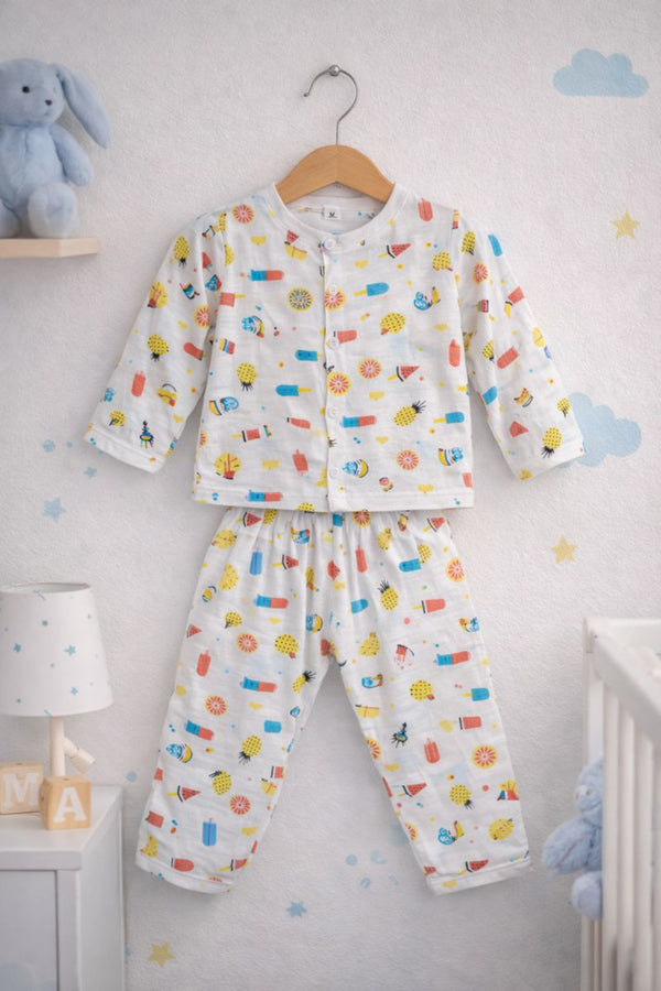 Kradyl Kroft Single Layered Checkered Soft Full Sleeve Muslin Night Suit Set for New Born to 24 Months - Watermelon