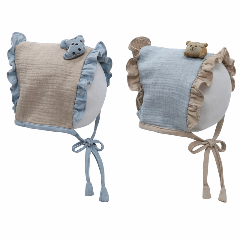 Blue Beige Kradyl Kroft Baby Caps Set of 2 with Soft Toy Embellishment
