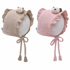 Pink Beige Kradyl Kroft Baby Caps Set of 2 with Soft Toy Embellishment