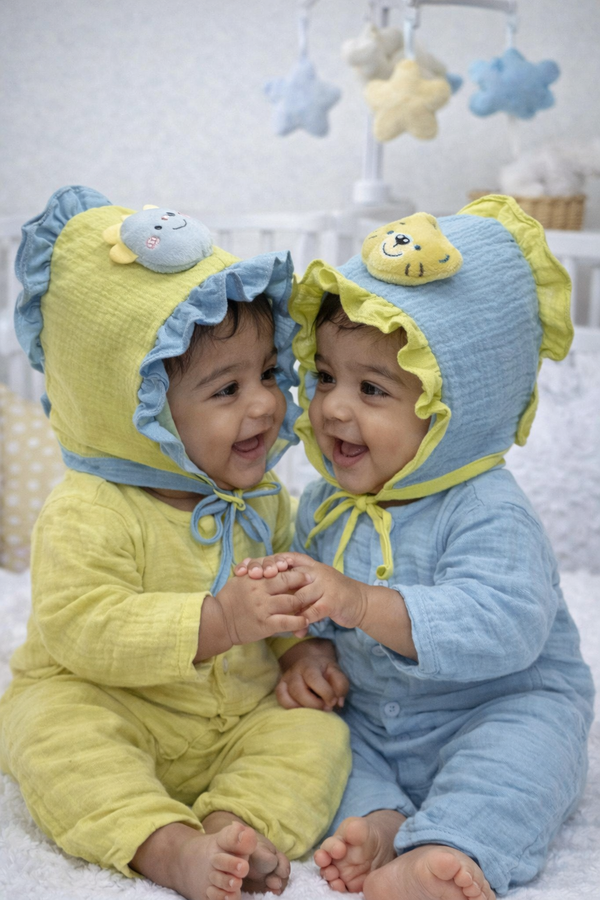 Green Teal Kradyl Kroft Baby Caps Set of 2 with Soft Toy Embellishment