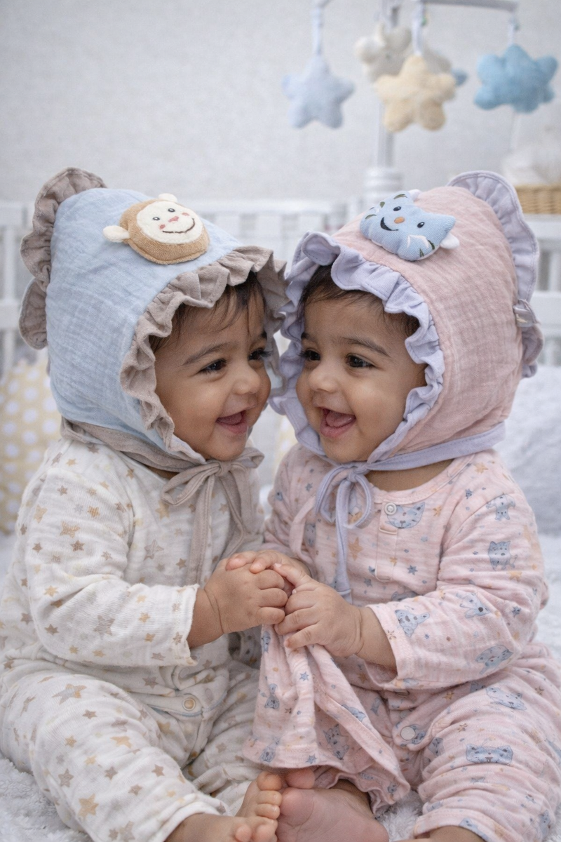Blue Beige Kradyl Kroft Baby Caps Set of 2 with Soft Toy Embellishment