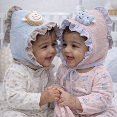 Blue Beige Kradyl Kroft Baby Caps Set of 2 with Soft Toy Embellishment