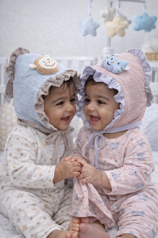 Blue Beige Kradyl Kroft Baby Caps Set of 2 with Soft Toy Embellishment