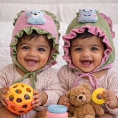 Bottle Green Pink Kradyl Kroft Baby Caps Set of 2 with Soft Toy Embellishment
