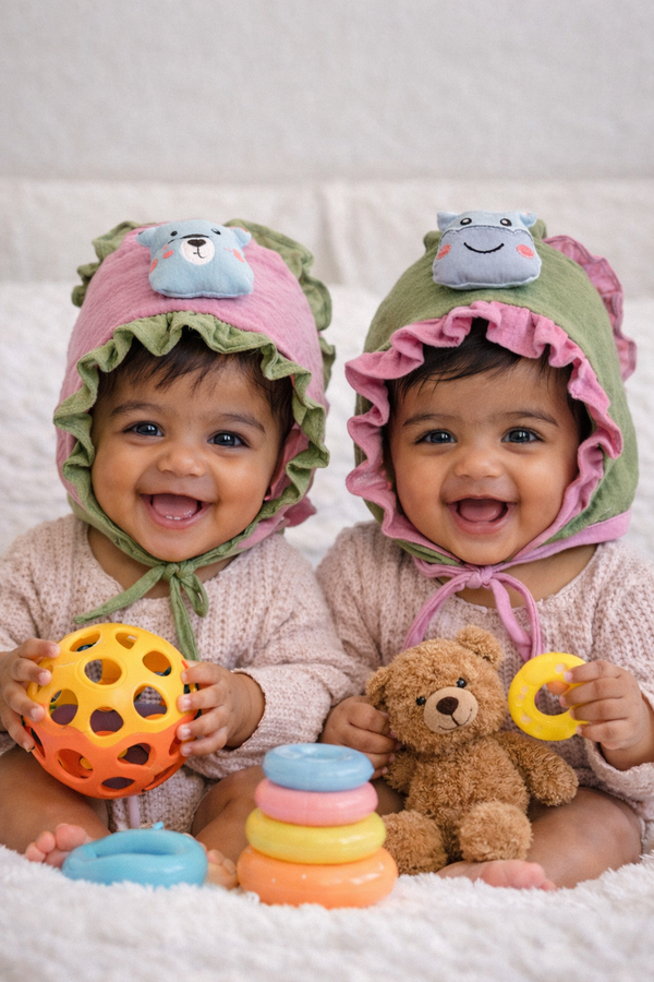 Bottle Green Pink Kradyl Kroft Baby Caps Set of 2 with Soft Toy Embellishment