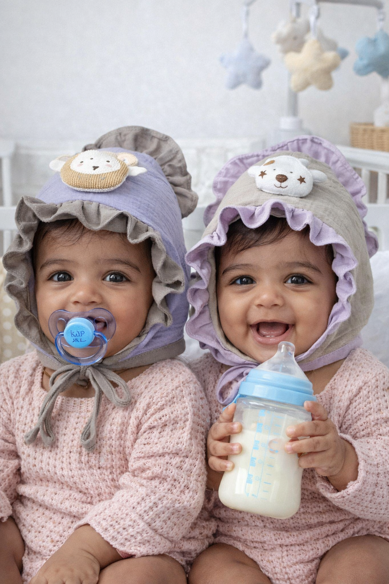 Grey Purple Kradyl Kroft Baby Caps Set of 2 with Soft Toy Embellishment