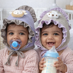 Grey Purple Kradyl Kroft Baby Caps Set of 2 with Soft Toy Embellishment