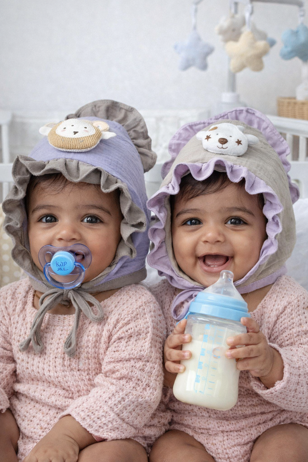 Grey Purple Kradyl Kroft Baby Caps Set of 2 with Soft Toy Embellishment