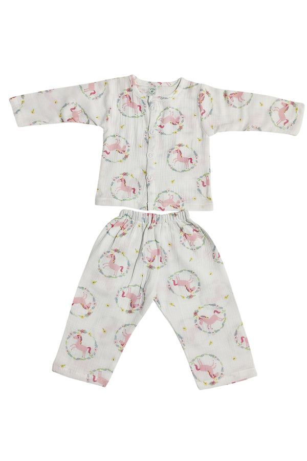 Kradyl Kroft Unicorn Double Layered Soft Muslin Night Suit Set for New Born to 36 Months