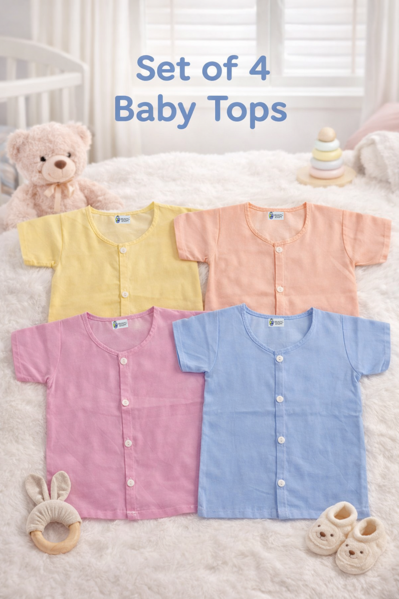 Set of 4 100% Plain Cotton Muslin Jhablas |Front Open Short Sleeves Baby Jhablas | Sadra Soft Cotton