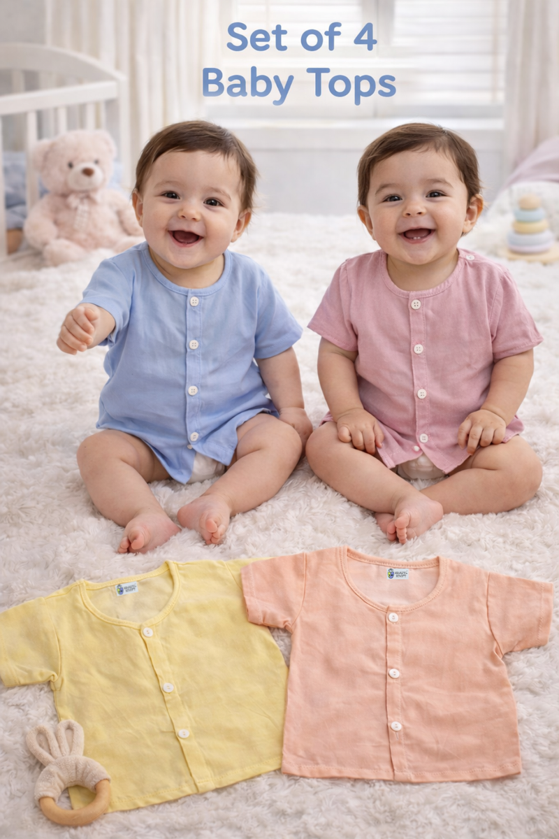 Set of 4 100% Plain Cotton Muslin Jhablas |Front Open Short Sleeves Baby Jhablas | Sadra Soft Cotton