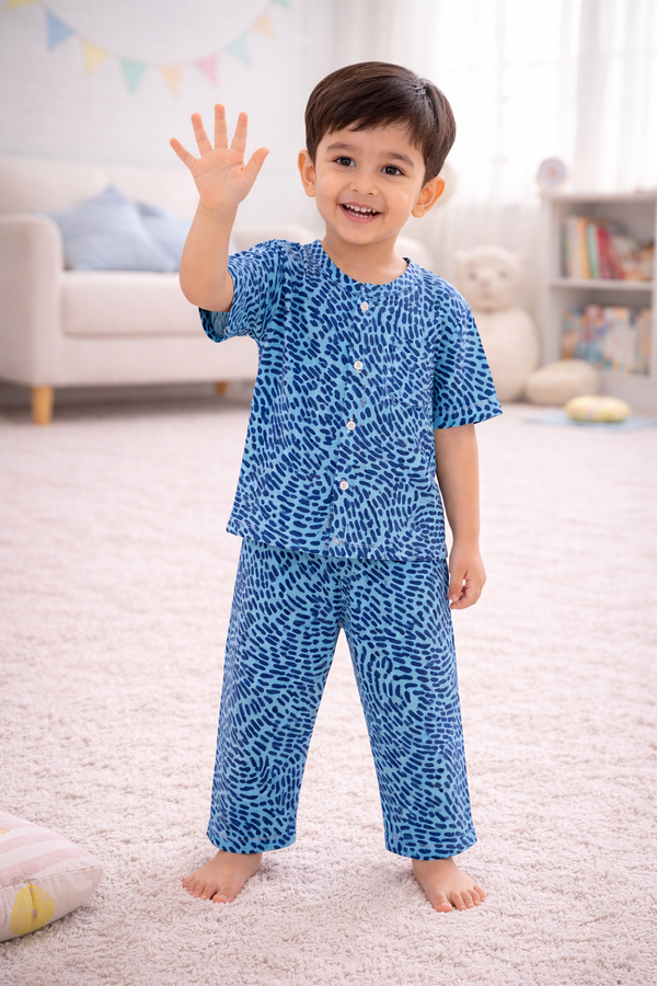 Blue Swirl - Kradyl Kroft Checkered Smooth Style Double Layered Soft Muslin Night Suit Set for New Born to 6 Years
