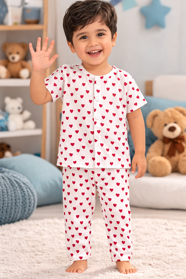 Red Hearts- Kradyl Kroft Checkered Smooth Style Double Layered Soft Muslin Night Suit Set for New Born to 6 Years