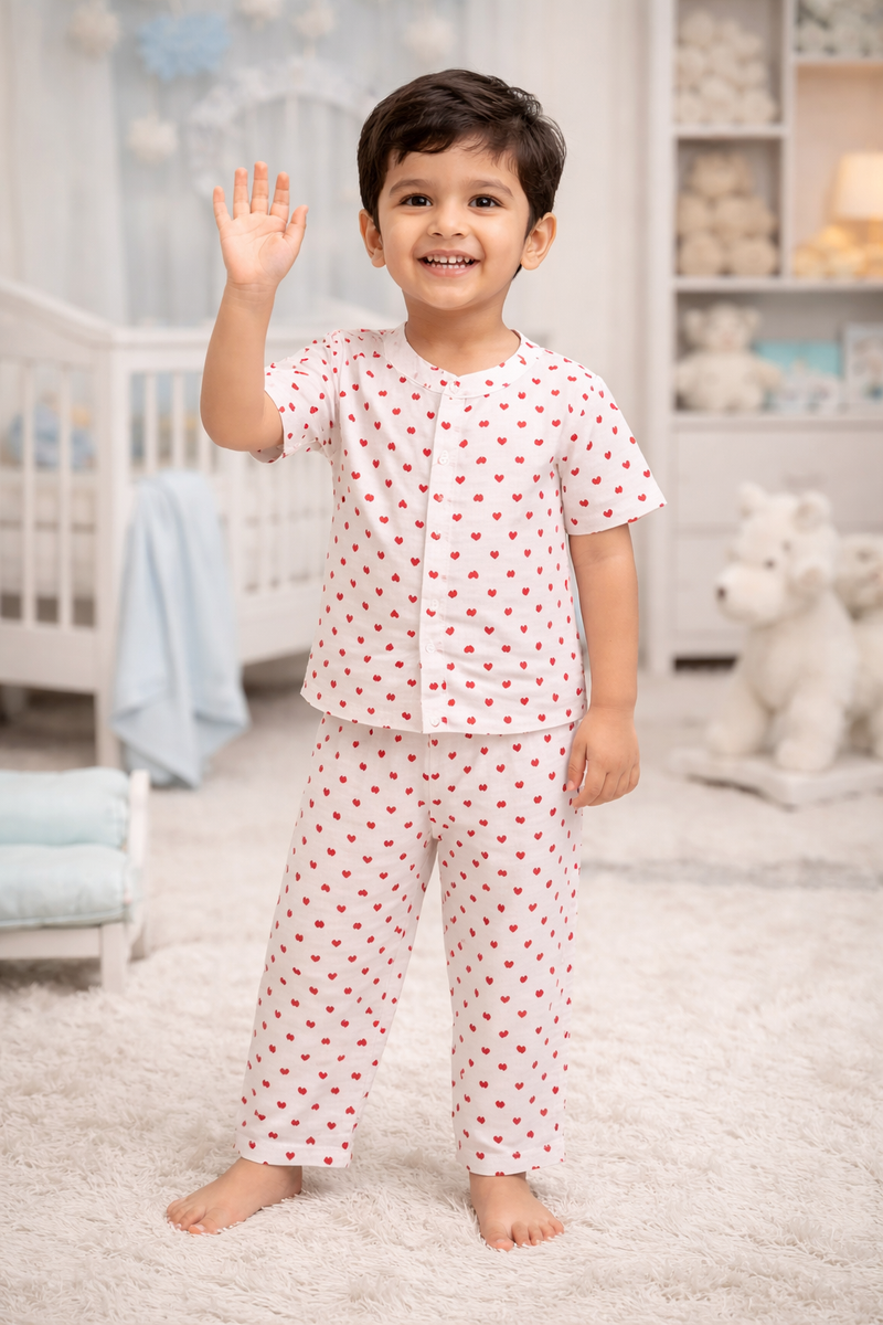 Red Hearts |Half Sleeves| Checkered Muslin| Soft Unisex Muslin Set for New Born to 6 Years