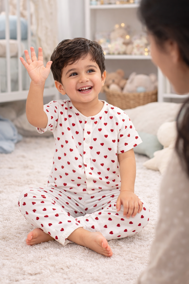 Red Hearts |Half Sleeves| Checkered Muslin| Soft Unisex Muslin Set for New Born to 6 Years