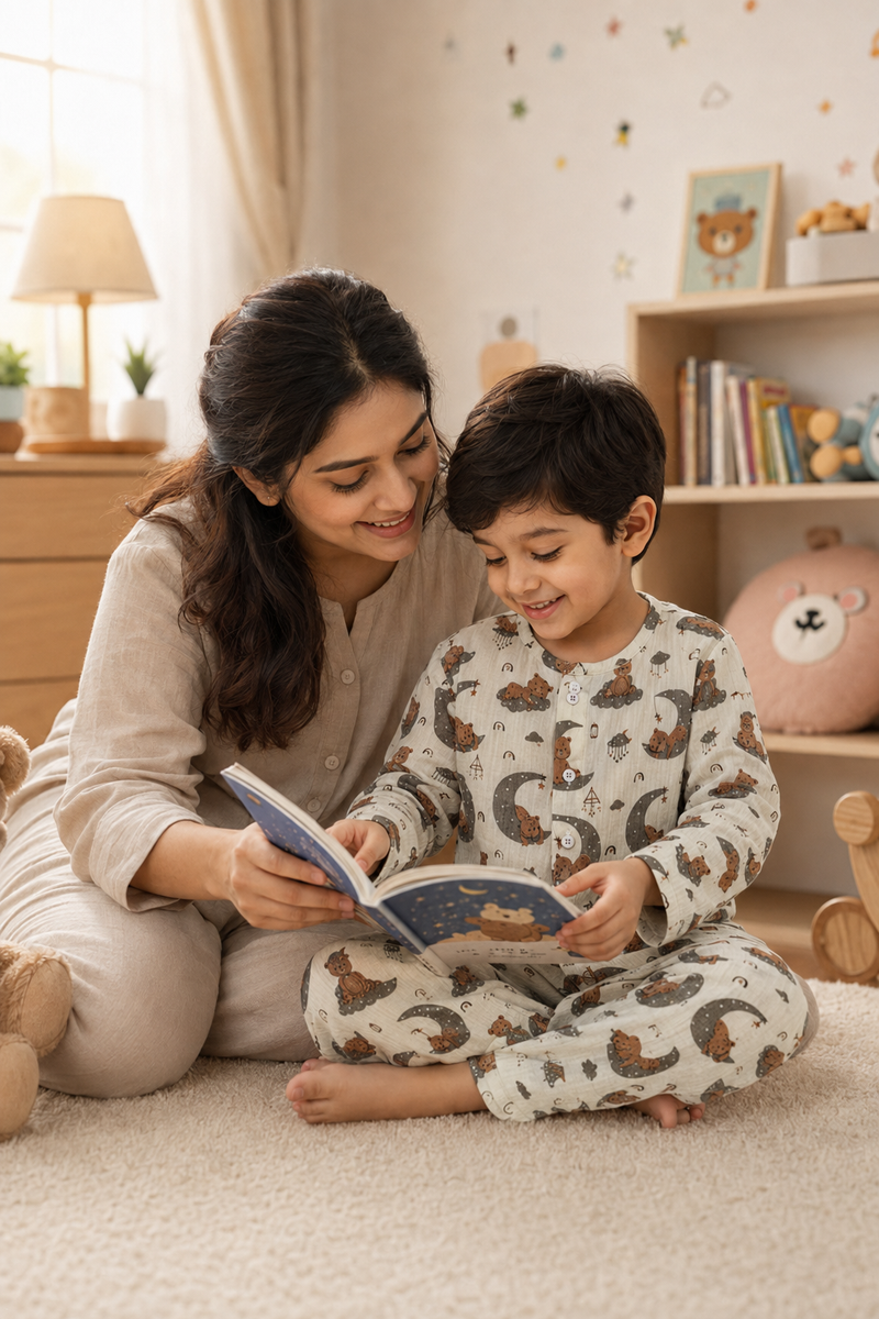 Goodnight Bear | Premium Crinkled Double Layered Soft Unisex Muslin Set for New Born to 6 Years