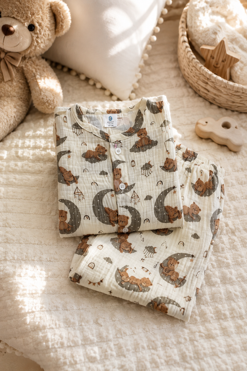 Goodnight Bear | Premium Crinkled Double Layered Soft Unisex Muslin Set for New Born to 6 Years