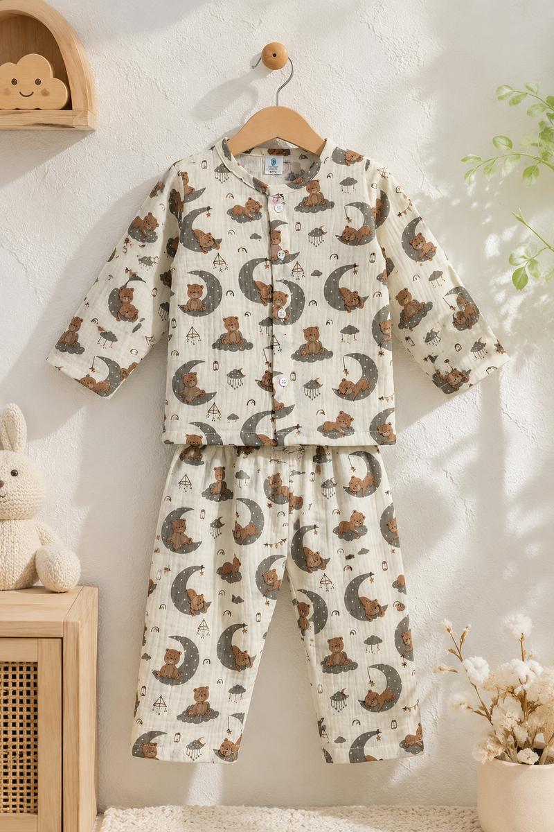 Goodnight Bear | Premium Crinkled Double Layered Soft Unisex Muslin Set for New Born to 6 Years
