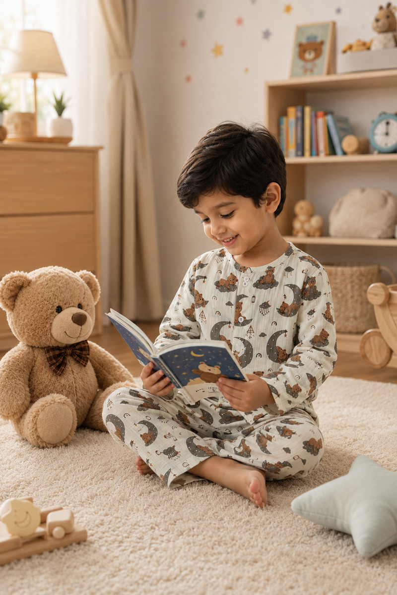 Goodnight Bear | Premium Crinkled Double Layered Soft Unisex Muslin Set for New Born to 6 Years