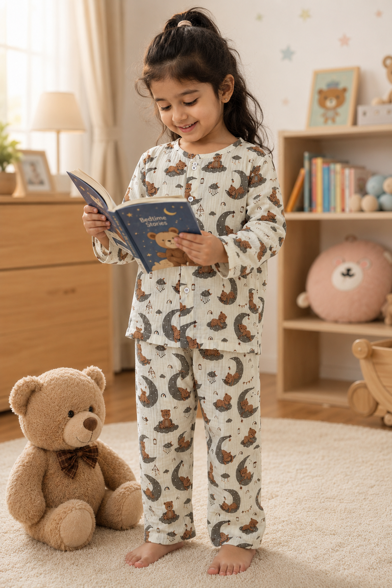 Goodnight Bear | Premium Crinkled Double Layered Soft Unisex Muslin Set for New Born to 6 Years