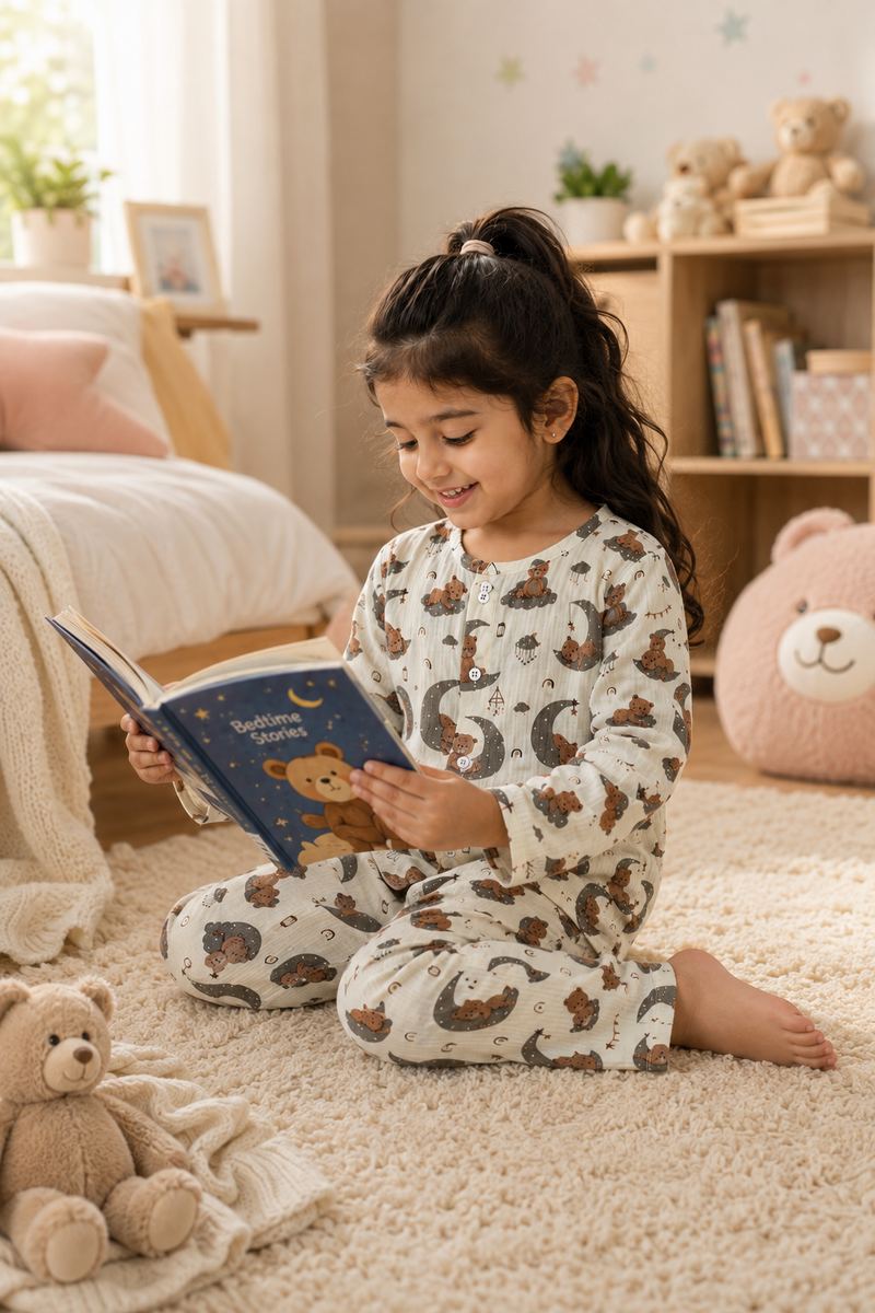 Goodnight Bear | Premium Crinkled Double Layered Soft Unisex Muslin Set for New Born to 6 Years