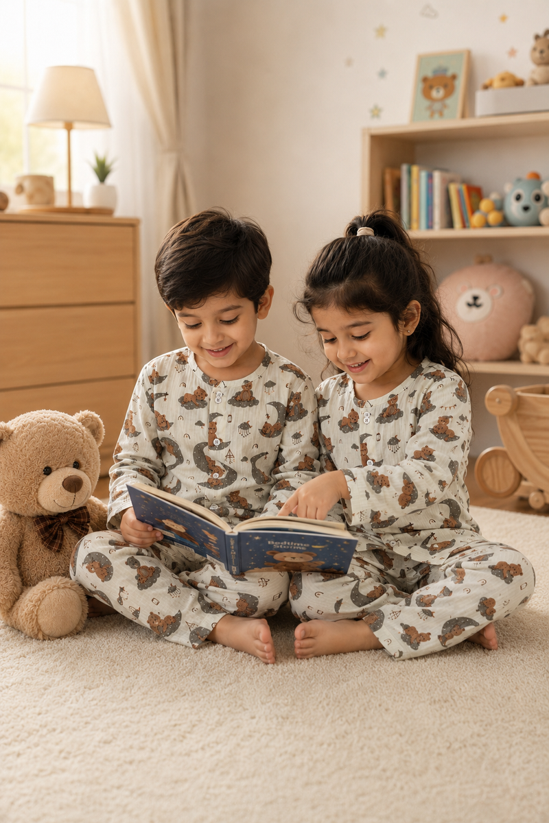 Goodnight Bear | Premium Crinkled Double Layered Soft Unisex Muslin Set for New Born to 6 Years