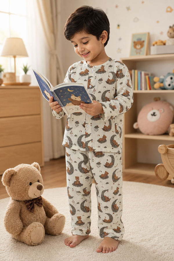 Goodnight Bear | Premium Crinkled Double Layered Soft Unisex Muslin Set for New Born to 6 Years