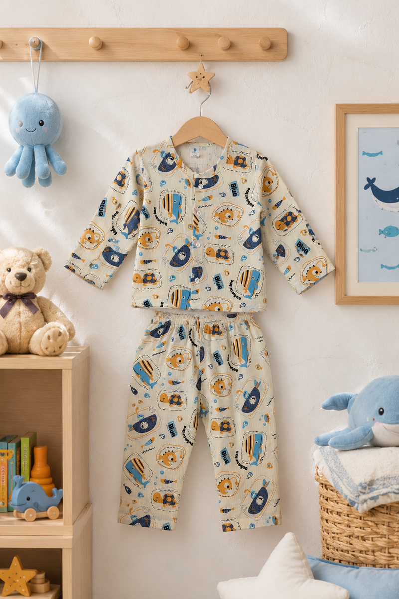 Just Blue Fish| Premium Crinkled Double Layered Soft Unisex Muslin Set for New Born to 6 Years