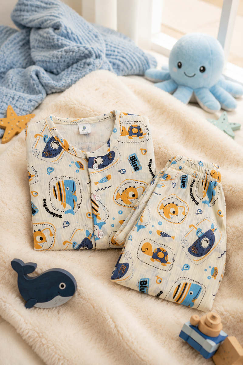 Just Blue Fish| Premium Crinkled Double Layered Soft Unisex Muslin Set for New Born to 6 Years