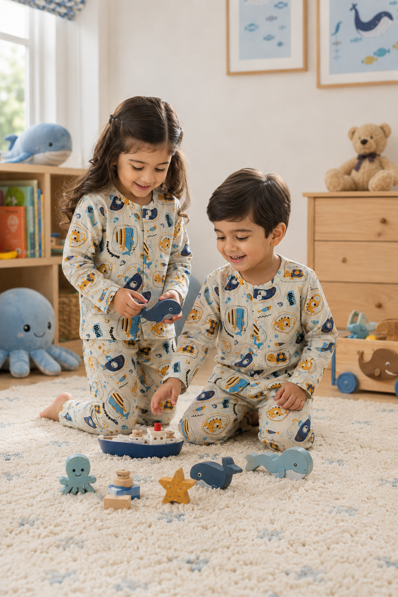 Just Blue Fish| Premium Crinkled Double Layered Soft Unisex Muslin Set for New Born to 6 Years
