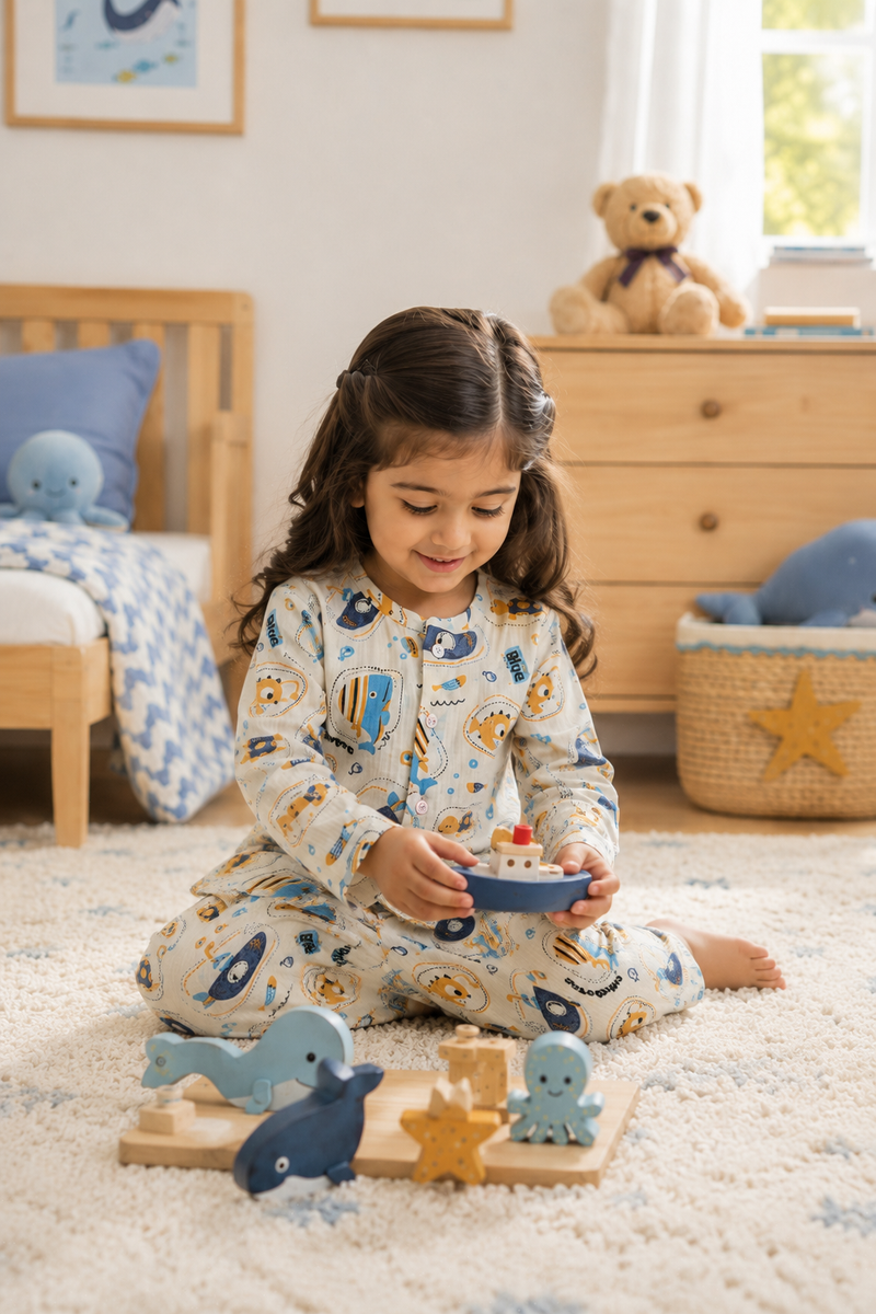 Just Blue Fish| Premium Crinkled Double Layered Soft Unisex Muslin Set for New Born to 6 Years