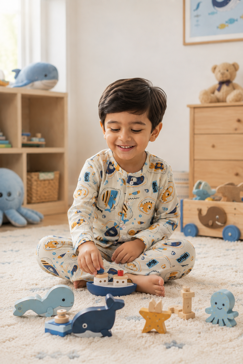 Just Blue Fish| Premium Crinkled Double Layered Soft Unisex Muslin Set for New Born to 6 Years