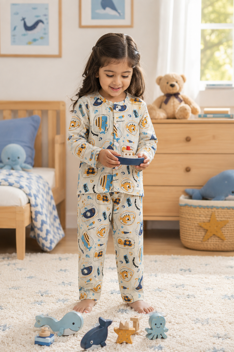 Just Blue Fish| Premium Crinkled Double Layered Soft Unisex Muslin Set for New Born to 6 Years