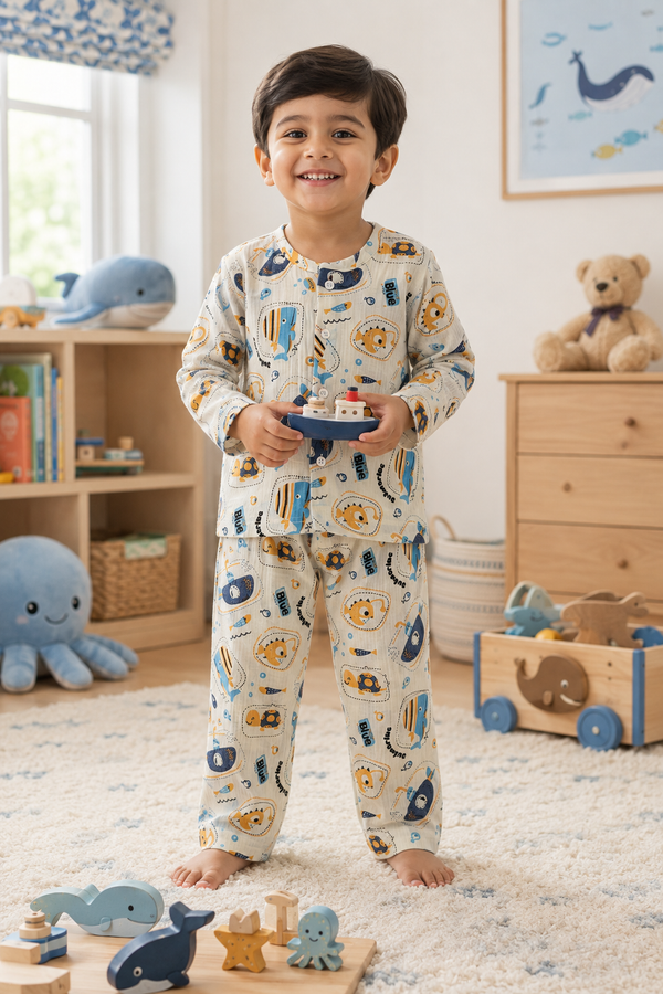 Just Blue Fish| Premium Crinkled Double Layered Soft Unisex Muslin Set for New Born to 6 Years