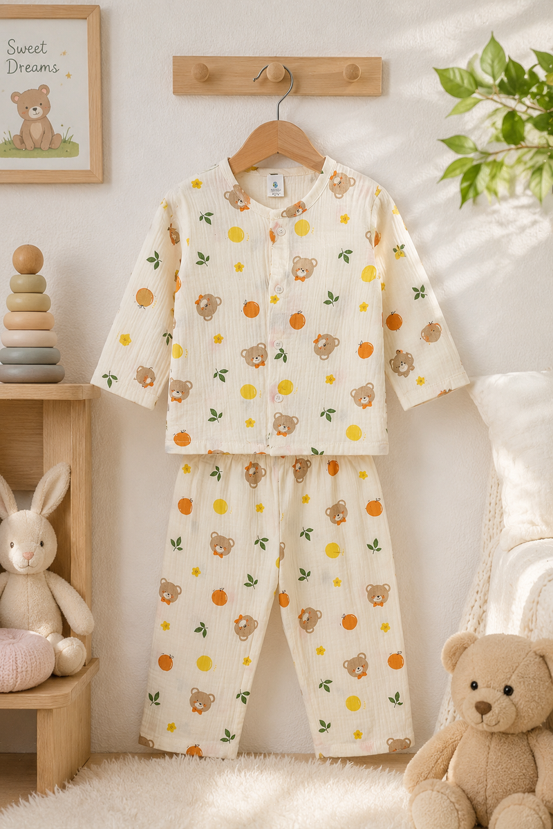 Just Bear Orange| Premium Crinkled Double Layered Soft Unisex Muslin Set for New Born to 6 Years