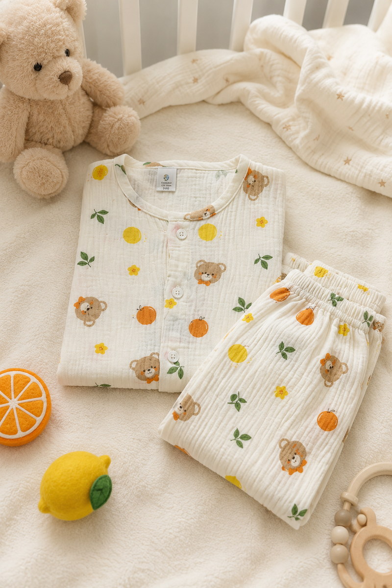 Just Bear Orange| Premium Crinkled Double Layered Soft Unisex Muslin Set for New Born to 6 Years