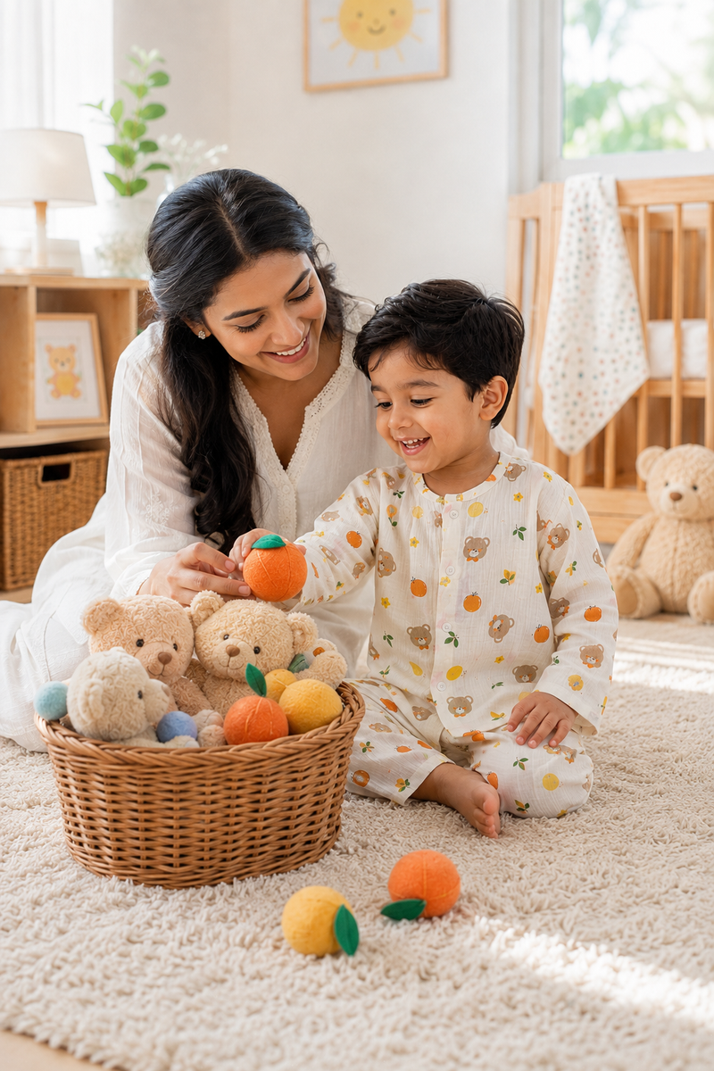 Just Bear Orange| Premium Crinkled Double Layered Soft Unisex Muslin Set for New Born to 6 Years